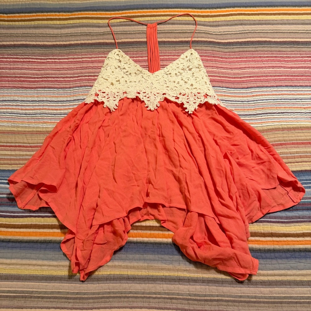 Flying Tomato Coral Orange Crochet Lace Handkerchief Hem Babydoll Tank Top S